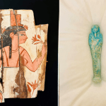 Photo left: Painting of a Sarcophagus: a painting of the goddess Isis, from the Roman period (ca. 30 BC – 642 AD). Photo right: Faience Shabti for Ipethemetes: a small statuette with the inscription "Illumination of Osiris, Ipethemetes, born of Hathoremakhet, justified".