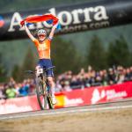 Puck Pieterse is the first to cross the finish line of the UCI Cross Country Women Elite, XCO, Mountain Bike World Championship, 2024.