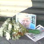 Flowers and a photo of Theo van Gogh at a commemoration two years after his murder, 2 November 2006