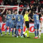 Ajax's Youri Baas,2nd right, sees a red card during the Europa League soccer match between Slavia and Ajax at the Eden Arena, in Prague, Czech Republic, Thursday, Oct. 3, 2024