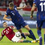 Endre Botka of Hungary, and Micky van de Ven of the Netherlands during the UEFA Nations League match between Hungary and Netherlands at Puskas Arena on October 11, 2024 in Budapest, Hungary.