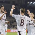 Ajax's Kenneth Taylor, centre, celebrates after scoring his side's opening goal during the Europa League soccer match between Qarabag and Ajax at the Tofiq Bahramov Republican stadium in Baku, Azerbaijan, Thursday, Oct. 24, 