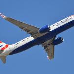 A British Airways Boeing 737, with tail number ZS-ZWI, departing O.R. Tambo International Airport in Johannesburg, South Africa. 16 September 2014