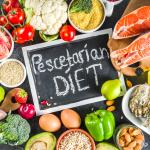A collection of fish, vegetables, nuts and grains as part of a pescetarian diet. 2019