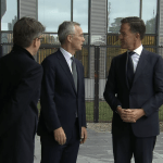 NATO Secretary General Jens Stoltenberg welcomes his replacement, Mark Rutte, moments before handing over leadership tasks at NATO Headquarters. 1 October 2024