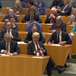 PVV leader Geert Wilders sitting alongside MP Edgar Mulder, in front of their colleagues in the Tweede Kamer, Elmar Vlottes, Gidi Markuszower, and Léon de Jong. 1 October 2024