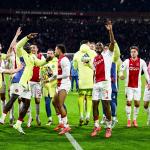 Ajax players celebrate the victory during the Dutch Eredivisie match between Ajax Amsterdam and PSV Eindhoven at the Johan Cruijff ArenA on November 2, 2024 in Amsterdam, Netherlands.