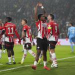 PSV's Ryan Flamingo celebrates after scoring his side's opening goal during the Champions League opening phase soccer match between PSV Eindhoven and Girona at Philips stadium in Eindhoven, Netherlands, Tuesday, Nov. 5, 2024.