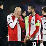 Gernot Trauner of Feyenoord, David Hancko of Feyenoord show their disappointment after the UEFA Champions League match between Feyenoord Rotterdam and FC RB Salzburg at Feyenoord Stadion de Kuip on November 6, 2024 in Rotterdam, Netherlands.