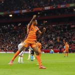 Denzel Dumfries of Netherlands celebrates 3-0 during the UEFA Nations League match between Netherlands and Hungary at Johan Cruyff ArenA on November 16, 2024 in Amsterdam, Netherlands