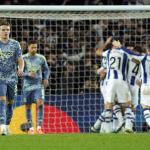  Ajax player Christian Rasmussen walks away from celebrating Real Sociedad players after the 1-0 during the UEFA Europa League match between Real Sociedad and Ajax Amsterdam at Reala Arena on November 28, 2024 in San Sebastian, Spain.