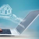 As a computer user searches for housing, a drawn hand presents a house from laptop