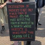 A sign promoting “destruction of property” at a pro-Palestinian protest at the University of Amsterdam. 10 May 2024
