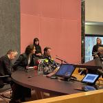 Amsterdam Mayor Femke Halsema begins a press conference about the attacks on Maccabi Tel Aviv football fans as she takes a seat between Public Prosecution Service district leader René de Beukelaer and District Police Chief Peter Holla. 8 November 2024