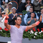 Rafael Nadal of Spain in action against Darwin Blanch on Day Three during their second round match of the Mutua Madrid Open at La Caja Magica on April 25, 2024 in Madrid, Spain