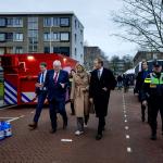 King Willem-Alexander, Queen Maxima, and Hague mayor Jan van Zanen visiting the disaster site on Tarwekamp where two explosions killed at least six people and destroyed five apartments, 9 December 2024