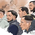 Courtroom sketch of suspects Lucas D., Rachid O., Sefa O., Mahmoud A. and Mohammed B. during a court hearing. The first five suspects of involvement in the violence after the Ajax - Maccabi football match appear before the judge.