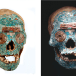 A Mixtec skull inlaid with mosaic tiles from Mexico