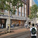 Artist’s rendering of the Leiden University campus building at the Spui in The Hague, planned for 2026