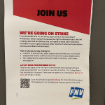 Flyers posted at the University of Amsterdam announcing a strike by the FNV union over issues related to protest rights, and collaboration with Israeli institutions. Dec. 2024