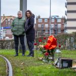 Mourners place flowers and balloons near fireworks debris where Jack, 14, died when a Cobra-6 firecracker exploded in his hands on Spanjaardstraat in Rotterdam. 1 Jan. 2025