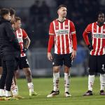 Jerdy Schouten of PSV Eindhoven, Noa Lang of PSV Eindhoven, Luuk de Jong of PSV Eindhoven, Johan Bakayoko of PSV Eindhoven disappointed after the Dutch Eredivisie match between PSV Eindhoven and AZ Alkmaar at the Phillips stadium on January 11, 2025 in Eindhoven, Netherlands
