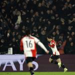 Ayase Ueda of Feyenoord celebrates the 3-0 during the UEFA Champions League match between Feyenoord and FC Bayern Munchen at Feyenoord Stadion de Kuip on January 22, 2025 in Rotterdam, Netherlands.