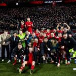 FC Twente players celebrate the victory during the UEFA Europa League match between FC Twente and Besiktas JK at Stadion De Grolsch Veste on January 30, 2025 in Enschede, Netherlands.