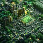 Green technology: Artist's rendering of trees and shrubbery growing around microchips on a circuit board
