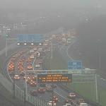 Traffic slowing down on a foggy day on the A4 near the A10 in Amsterdam just northeast of Schiphol Airport, 16 January 2025