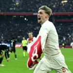 Kenneth Taylor of Ajax celebrates the 2-1 during the Dutch Eredivisie match between AFC Ajax and Feyenoord at Johan Cruijff ArenA on February 2, 2025 in Amsterdam, Netherlands.