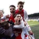 Wout Weghorst of Ajax, Anton Gaaei of Ajax, Oliver Edvardsen of Ajax celebrate the 0-1 during the Dutch Eredivisie match between Fortuna Sittard and AFC Ajax at Fortuna Sittard Stadium on February 9, 2025 in Sittard, Netherlands.