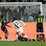 Teun Koopmeiners of Juventus FC and Samuel Mbangula Tshifunda of Juventus FC (51) celebrate the 2-1. (l-r) Ryan Flamingo of PSV Eindhoven, Armando Obispo of PSV Eindhoven, Joey Veerman of PSV Eindhoven, PSV Eindhoven goalkeeper Walter Benitez disappointment after the 2-1 during the UEFA Champions League Play-off match between Juventus FC and PSV Eindhoven at Allianz Stadium on February 11, 2025 in Turin, Italy.