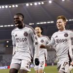 Jorthy Mokio of Ajax celebrates the 0-2 during the Europa League play-off match between Royale Union Saint-Gilloise and Ajax Amsterdam at King Baudouin Stadium on February 13, 2025 in Brussels, Belgium.