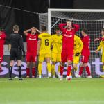 Twente's players react after missing a chance during the Europa League soccer match between FK Bodø/Glimt and FC Twente in Bodo, Norway, Thursday, Feb. 20, 2025