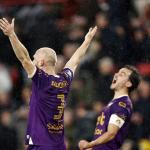 Gerrit Nauber of Go Ahead Eagles, Mats Deijl of Go Ahead Eagles celebrate victory during the KNVB Cup match between PSV Eindhoven and Go Ahead Eagles at Phillips Stadium on February 26, 2025 in Eindhoven, Netherlands.