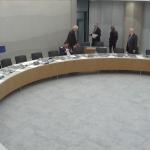 MPs on the Foreign Affairs Committee leave the Troelstrazaal after an unspecified security situation at the Tweede Kamer. 13 Feb. 2025