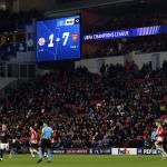 The scoreboard showing 1-7 during the UEFA Champions League match between PSV Eindhoven and Arsenal FC at Phillips Stadium on March 4, 2025 in Eindhoven, Netherlands.