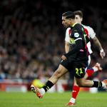 Couhaib Driouech of PSV Eindhoven scores the 2-2 during the UEFA Champions League match between Arsenal FC and PSV Eindhoven at Emirates Stadium on March 12, 2025 in London, England.
