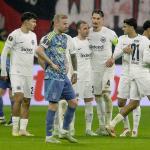 Players of Eintracht Frankfurt gather during the UEFA Europa League Round of 16, 2nd leg soccer match Eintracht Frankfurt against Ajax Amsterdam, in Frankfurt Main, Germany, 13 March 2025