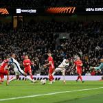 Tottenham Hotspur's French midfielder #28 Wilson Odobert scores the team's third goalduring the UEFA Europa League Last 16 Second Leg football match between Tottenham Hotspur and AZ Alkmaar at the Tottenham Hotspur Stadium in London, on March 13, 2025.