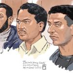 Court drawing of (from left to right) Adil A., Moshtag B. and Ilias B. in court. The three are suspected, together with Mourad B., of involvement in the deadly explosions at the Tarwekamp in The Hague. The enormous explosion on 7 December caused several houses to collapse and killed six people.