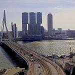 Looking across the Erasmus Bridge and Nieuwe Maas River on a sunny spring day in Rotterdam. 21 March 2025