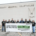Greenpeace activists protesting against Energy Transfer, an American energy company that sued it for defamation when it protested against the construction of an oil pipeline through the Standing Rock Reservation in North Dakota. 20 March 2025