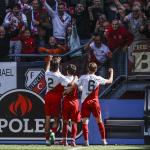 Siebe Horemans of FC Utrecht, Paxten Aaronson of FC Utrecht, Oscar Fraulo of FC Utrecht celebrate the 4-0 during the Dutch Eredivisie match between FC Utrecht and AFC Ajax at Galgenwaard stadium on April 20, 2025 in Utrecht, Netherlands.