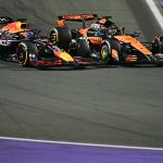 Red Bull Racing's Dutch driver Max Verstappen and McLaren's Australian driver Oscar Piastri race during the 2025 Saudi Arabia Formula One Grand Prix at the Jeddah Corniche Circuit on April 20, 2025.