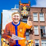 Traditional annual mural for King's Day at cafe De Blaffende Vis in the Westerstraat in the Jordaan in Amsterdam.