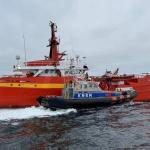 A KNRM rescue ship alongside the Glomar Venture after the supply ship collided with a windmill on the North Sea, off the coast of Callantsoog. 20 April 2025