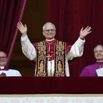 The newly elected Pope Leo XIV, Cardinal Robert Francis Prevost from the USA, blessing faithfuls from the central loggia of Saint Peter's Basilica, Vatican City, 08 May 2025.