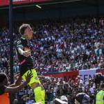 Noa Lang of PSV Eindhoven celebrates 2-2 during the Dutch Eredivisie match between Feyenoord and PSV at Feyenoord Stadion de Kuip on May 11, 2025 in Rotterdam, Netherlands.